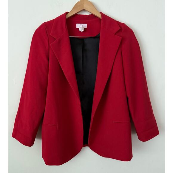 Aqua Colorful Red/Black Lined Open Front Collared Blazer w/Pocket Work/Office-XL - Picture 2 of 4
